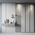 Modern Interior Design With Wooden Slat Partition Marble Wall Decorative Vase Red Flowers And Books