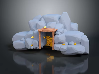 Cartoon Cave Scene Featuring Wooden Door Frame Golden Treasure And Scattered Gold Coins 3d model