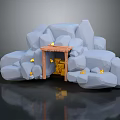Cartoon Cave Scene Featuring Wooden Door Frame Golden Treasure And Scattered Gold Coins