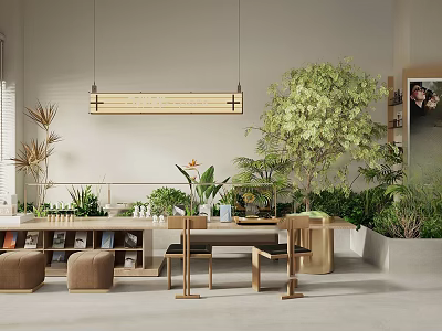 Cozy Bubble Tea Shop With Green Plants Wooden Seats And Minimalist Interior Design 3d model