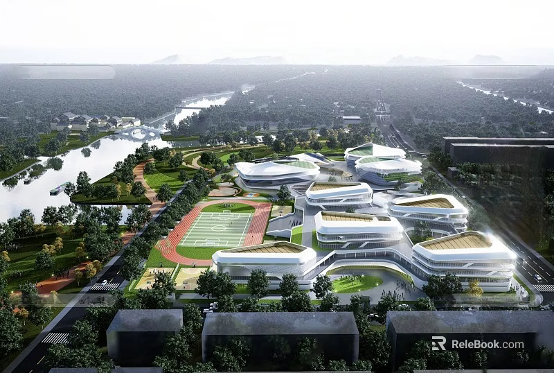 Modern School Campus Buildings With Green Surroundings Sports Field And River View 3d model 