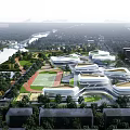 Modern School Campus Buildings With Green Surroundings Sports Field And River View