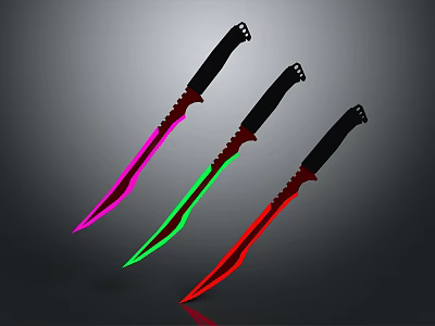 Three Glowing Knives With Pink Green Red Blades And Black Handles 3d model