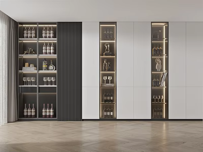 Elegant Modern Wine Cabinet With Glass Doors Displaying Wine Bottles And Glasses 3d model