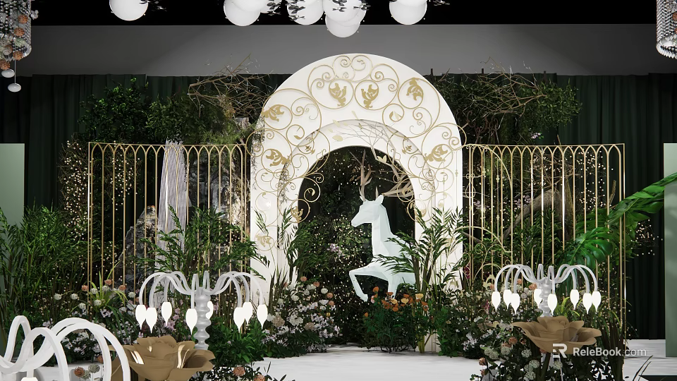 Elegant Banquet Hall With Golden Iron Fence White Carved Arch Green Plants And Unicorn Sculpture 3d model 