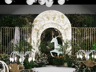 Elegant Banquet Hall With Golden Iron Fence White Carved Arch Green Plants And Unicorn Sculpture 3d model