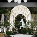 Elegant Banquet Hall With Golden Iron Fence White Carved Arch Green Plants And Unicorn Sculpture