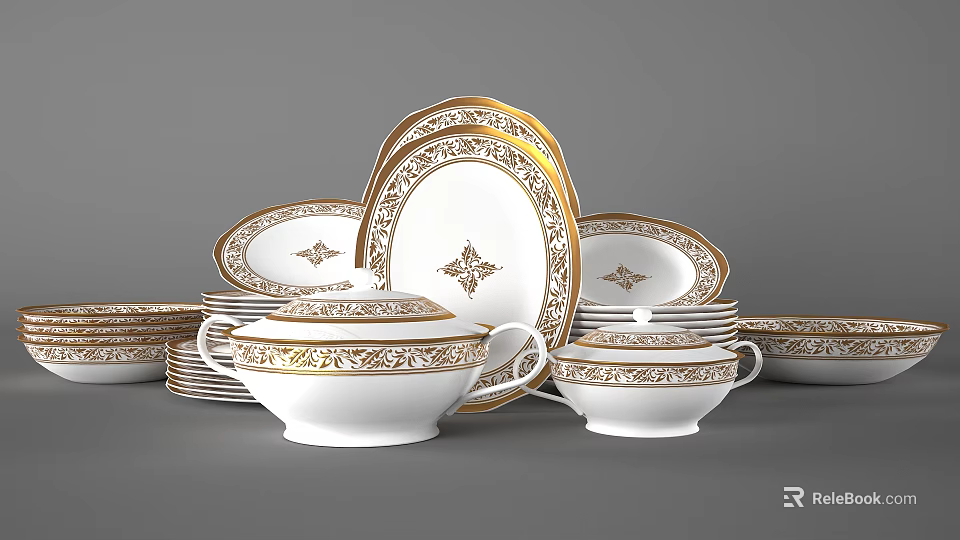 Elegant White Dinnerware Set With Gold Decorative Patterns And Multiple Plates Bowls 3d model 