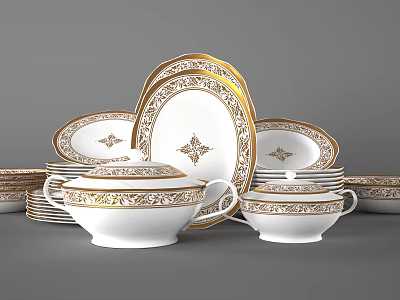 Elegant White Dinnerware Set With Gold Decorative Patterns And Multiple Plates Bowls 3d model