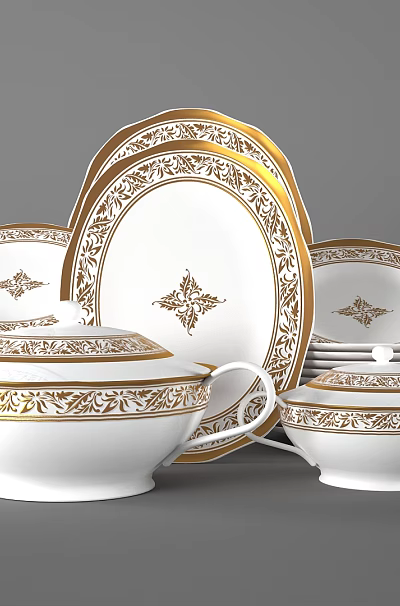 Elegant White Dinnerware Set With Gold Decorative Patterns And Multiple Plates Bowls 3d model