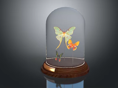 Decorative Ornament Set with Glass Dome and Colorful Butterflies on Wooden Base 3d model