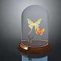 Decorative Ornament Set with Glass Dome and Colorful Butterflies on Wooden Base