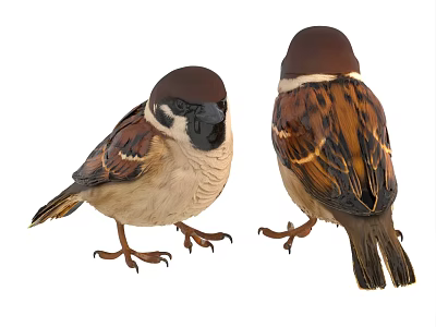 Two Sparrows Front and Back View With Detailed Brown and Beige Feathers 3d model