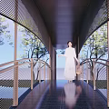 Modern Bridge with Wooden Railing Canopy Structure and Person Standing Surrounded by Trees Over Water