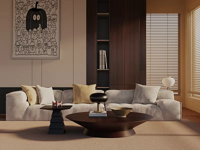 Comfortable Three Seater Sofa in Living Room with Beige Rug Bookshelf Artwork and Coffee Tables 3d model