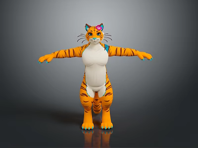 Cute Cartoon Tiger With Orange Stripes White Belly Green Paws And Pink Blue Ears 3d model