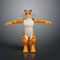 Cute Cartoon Tiger With Orange Stripes White Belly Green Paws And Pink Blue Ears
