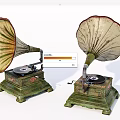 Vintage Gramophone Audio Equipment With Decorative Horns And Green Bases