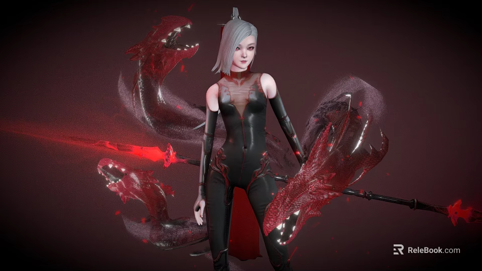 Game Character Silver Haired Female In Black Bodysuit With Red Glowing Weapon And Energy Forms 3d model 