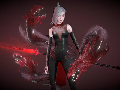 Game Character Silver Haired Female In Black Bodysuit With Red Glowing Weapon And Energy Forms 3d model