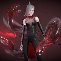 Game Character Silver Haired Female In Black Bodysuit With Red Glowing Weapon And Energy Forms