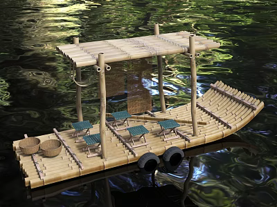 Wooden Bamboo Boat with Seats Baskets and Canopy on Water Surface 3d model