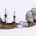 Two Vintage Wooden Sailing Ships With Tall Masts And White Sails