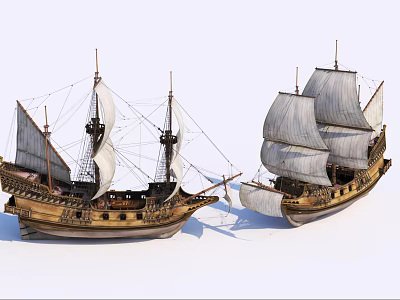 Two Vintage Wooden Sailing Ships With Tall Masts And White Sails 3d model