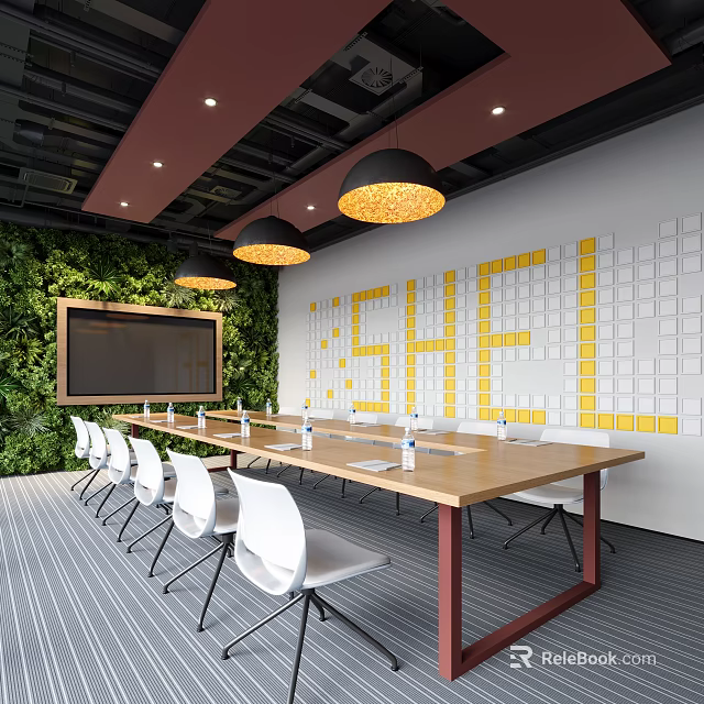 Modern Conference Room Interior With Long Table White Chairs Green Plant Wall And Pendant Lights 3d model 