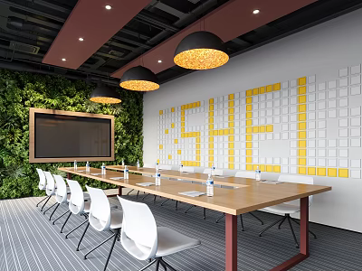 Modern Conference Room Interior With Long Table White Chairs Green Plant Wall And Pendant Lights 3d model