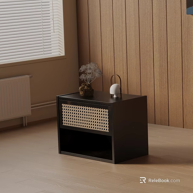 Black Bedside Table With Woven Drawer Panel And Wooden Wall Background 3d model 