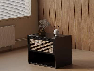 Black Bedside Table With Woven Drawer Panel And Wooden Wall Background 3d model