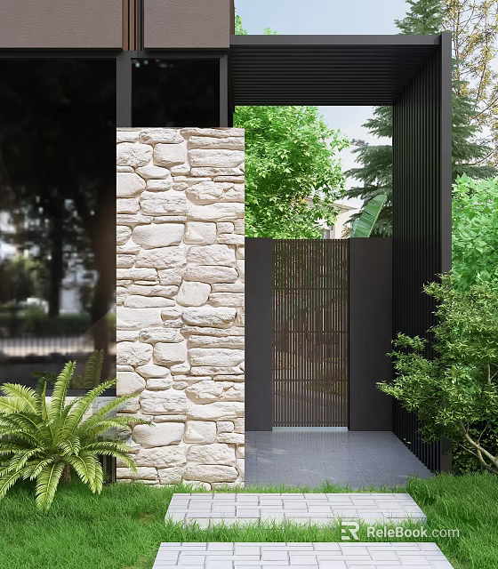 Modern Black Metal Entrance Gate With Stone Wall And Green Plants In Courtyard 3d model 