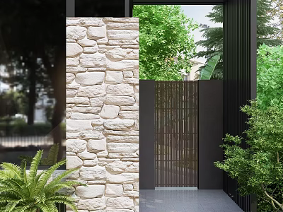 Modern Black Metal Entrance Gate With Stone Wall And Green Plants In Courtyard 3d model