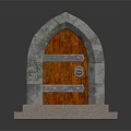 Detailed Medieval Architecture Stone Arch Doorway With Wooden Door Metal Straps And Ring