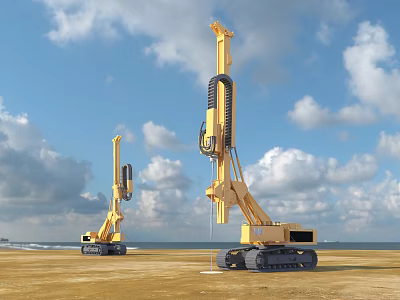 Two Yellow Tracked Pile Drivers Operating At Construction Site Under Blue Sky And White Clouds 3d model