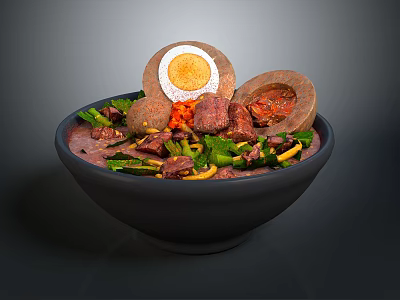 Hearty Food Bowl With Soft Boiled Egg Meat Pieces And Fresh Vegetables 3d model