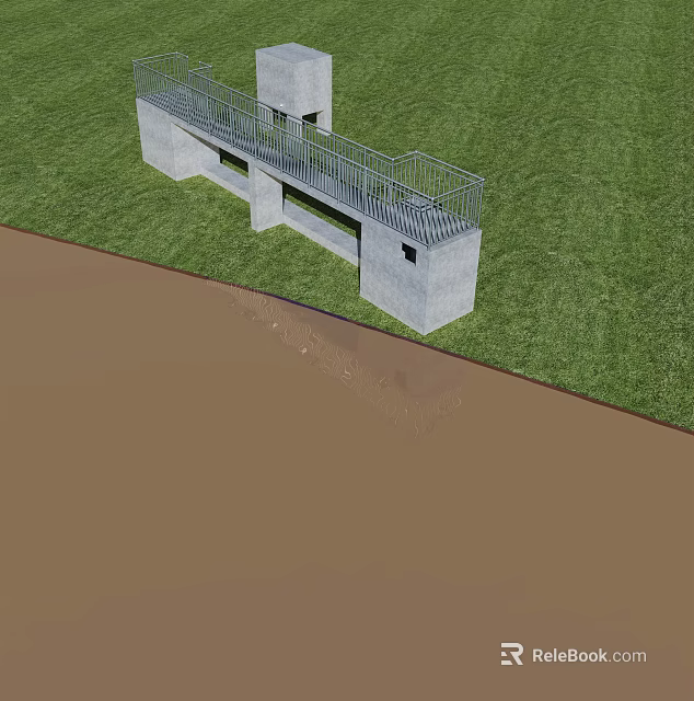 Concrete Observation Platform With Metal Railing On Green Grass Field 3d model 