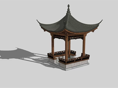 Traditional Chinese Pavilion With Curved Roof Wooden Pillars And Stone Base 3d model