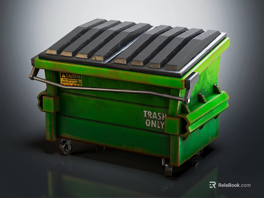Green Heavy Duty Trash Bin With Wheels Lid And Trash Only Label 3d model 