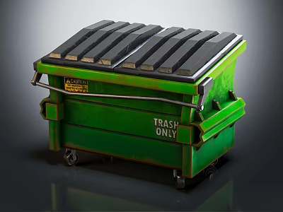 Green Heavy Duty Trash Bin With Wheels Lid And Trash Only Label 3d model