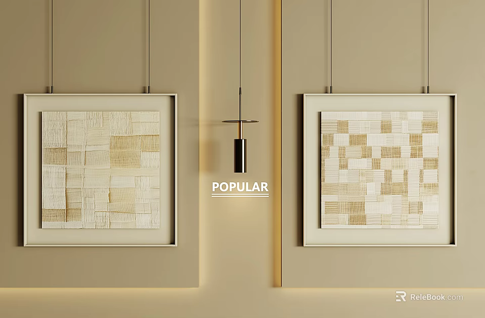 Abstract Paintings with Geometric Patterns and Neutral Tones in White Frames Hanging on Beige Wall 3d model