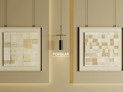 Abstract Paintings with Geometric Patterns and Neutral Tones in White Frames Hanging on Beige Wall 3d model