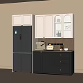 Elegant Gray Sideboard with White Glass Door Cabinets Drawers Gold Handles and Coffee Machine