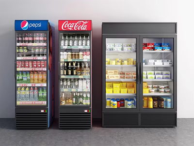 Commercial Display Refrigerators With Pepsi Coca Cola Logos And Assorted Beverages Food Items 3d model