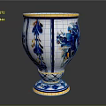 Ceramic Sculpture Vase with Blue and White Patterns Golden Rim and Woven Base