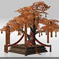 Decorative Arbor Tree with Orange Leaves Red Ribbons and Hanging Ornaments on Ornate Base