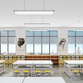 School Classroom Interior With White Tables Yellow Stools Blackboard Windows And Cabinets 3d model