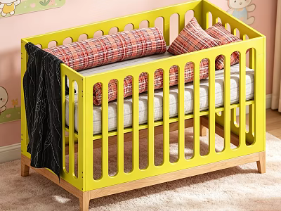 Yellow Kids Bed With Slatted Railings Plaid Pillows And Black Blanket On Soft Carpet 3d model