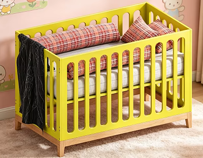 Yellow Kids Bed With Slatted Railings Plaid Pillows And Black Blanket On Soft Carpet 3d model